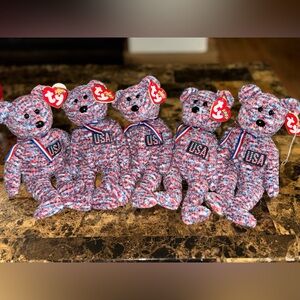 🇺🇸 TY Beanie Baby “USA” Bear Lot • Set of 5 • Red White Blue Knit • 2000